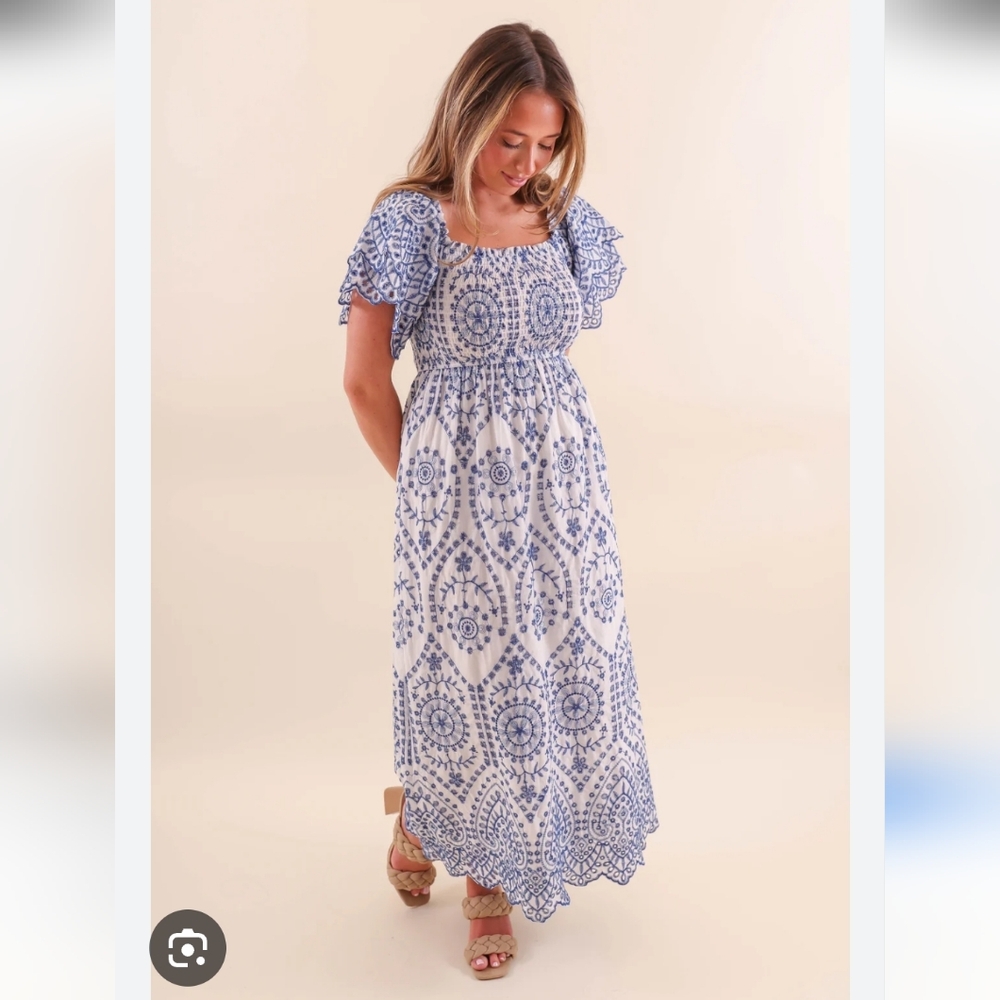 NWT See And Be Seen Eyelit Smocked Embroidered Blue Dress